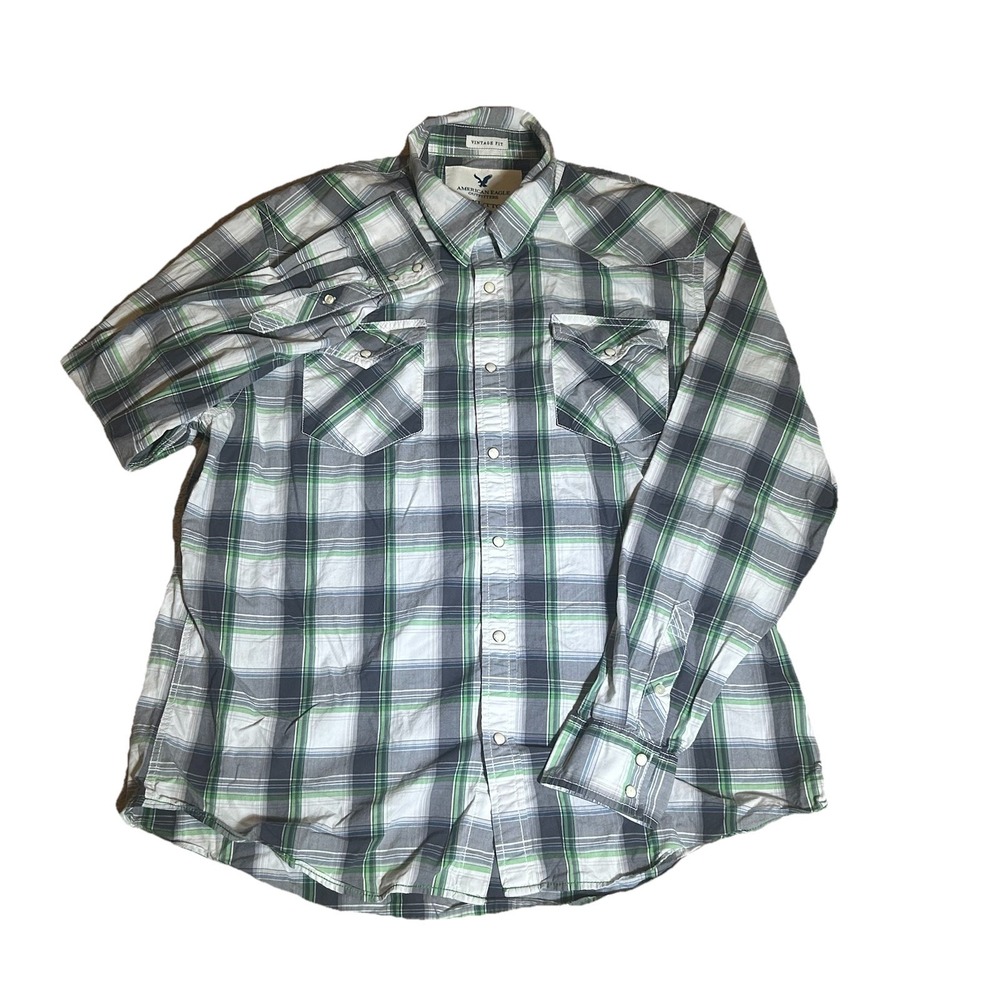 American Eagle Men's Long Sleeve Button Down Pearl Snap Shirt XXL Plaid Striped